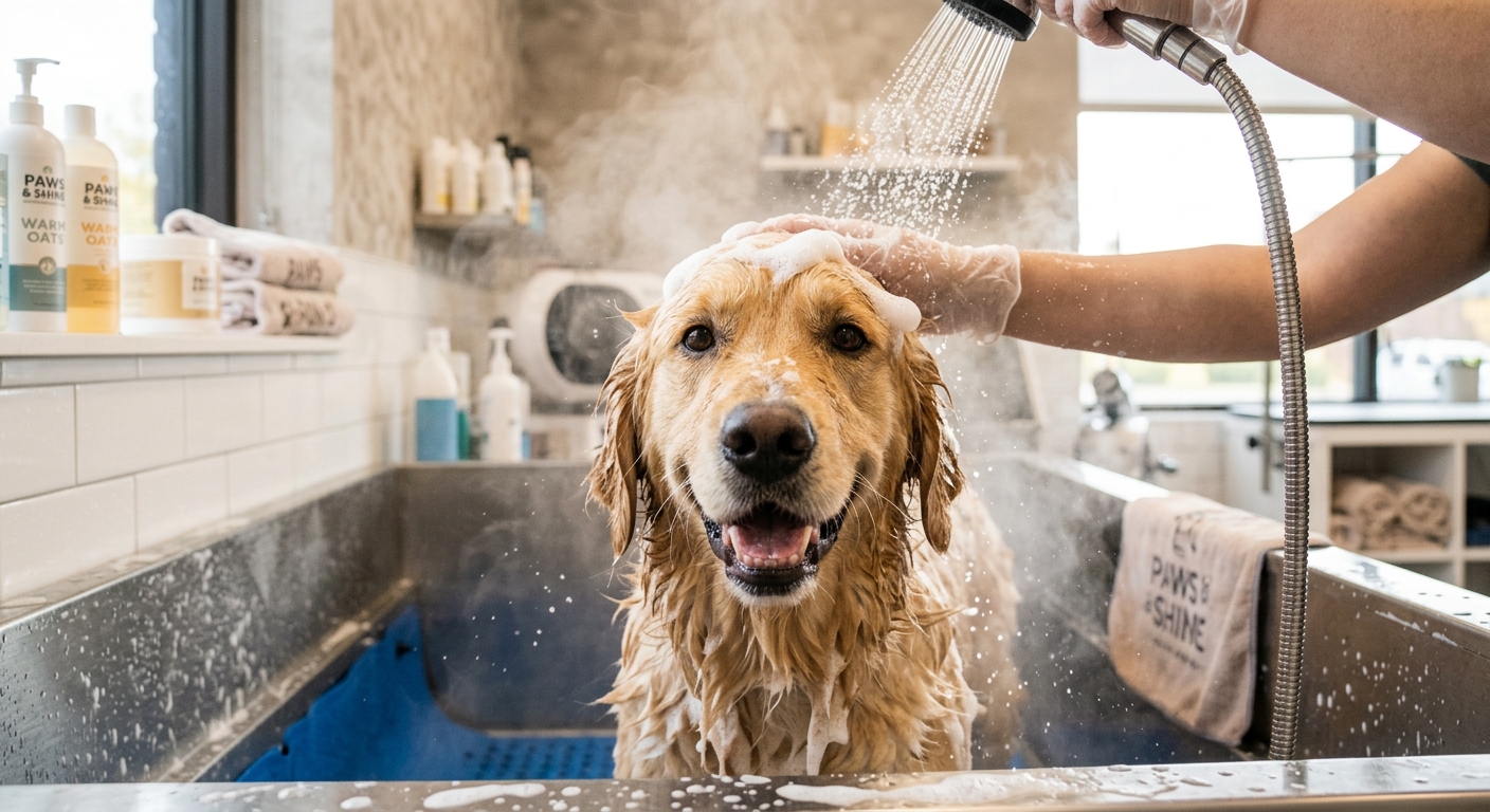Cãozinho Golden Retriever relaxando no banho